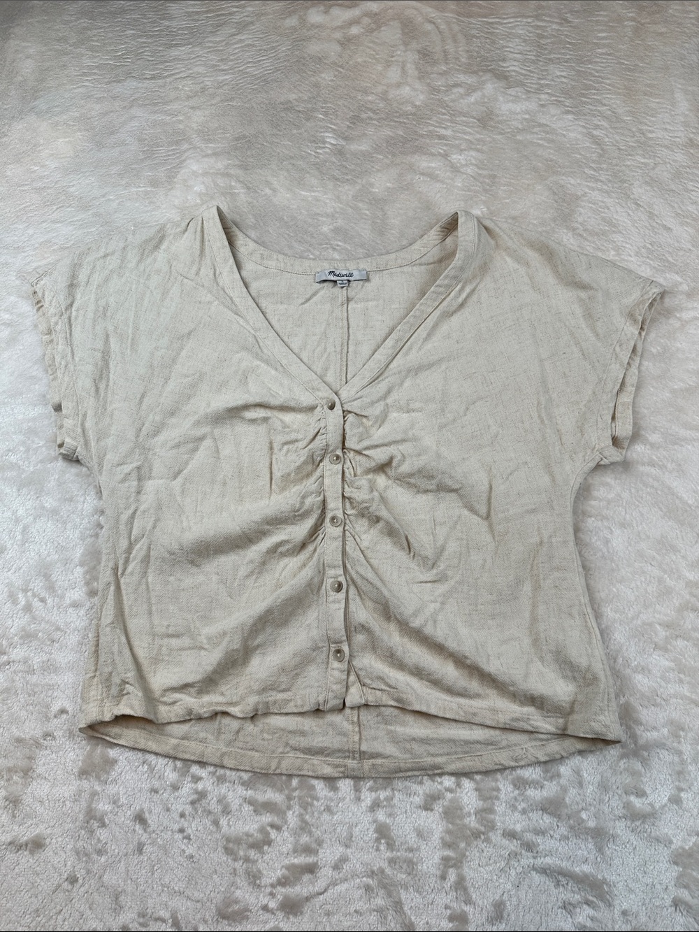 Madewell Size L Neutral Cream Ruched Button-Front V-Neck Blouse | Casual | Crop